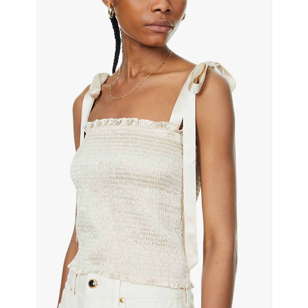 Reformation Almond Pina Sleeveless Silk Top Sz Large NWT Smocked Tie Strap